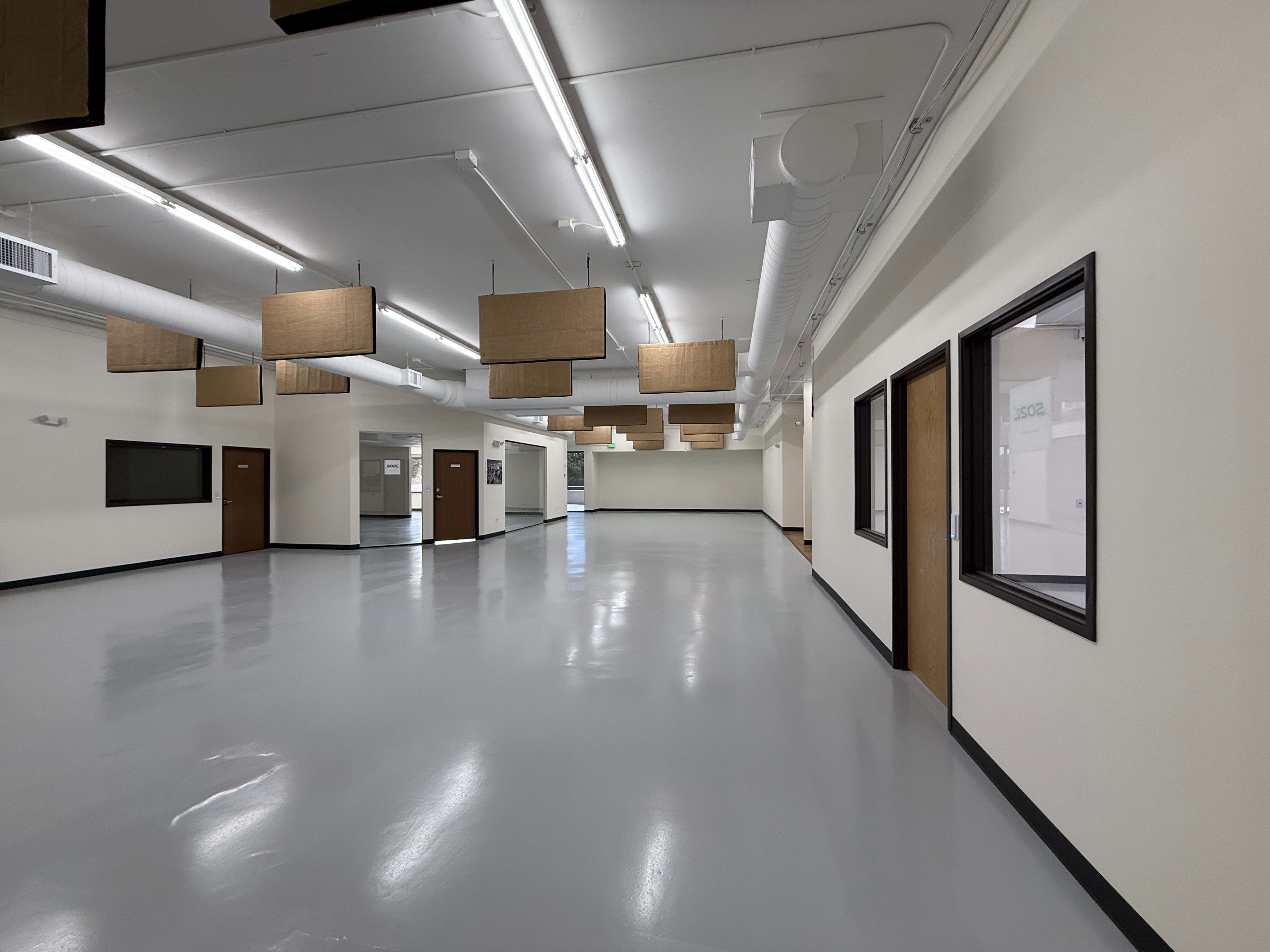 SO2L event space - side view showing full depth and glass-fronted rooms